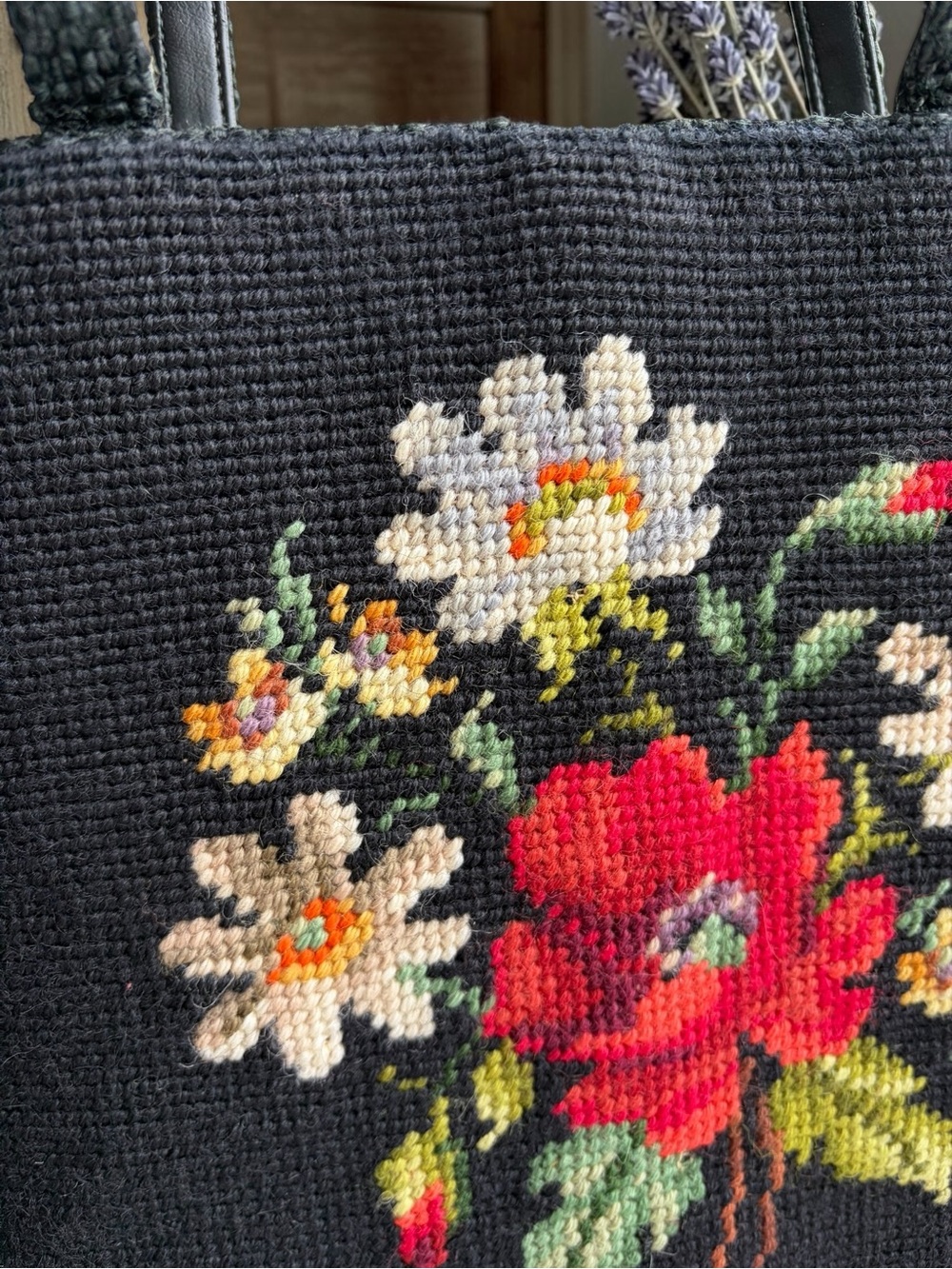Vintage Black Needlepoint Tote with Red Floral Accent - Picture 9 of 16